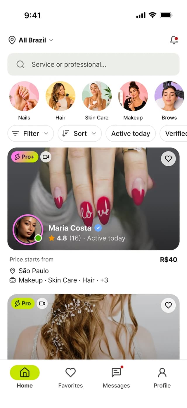 Stadami app Explore screen with beauty and fitness professionals in Sao Paulo