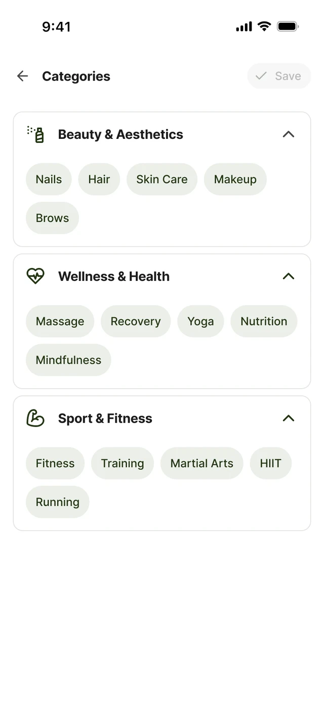 Professional profile in the Stadami app with service category selection